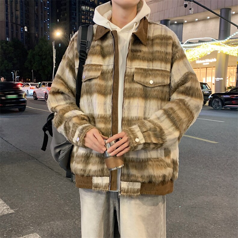 现货港风毛呢夹克男宽松格子呢子大衣外套DSA157B-J237-特P90,男装夹克,电商A157B