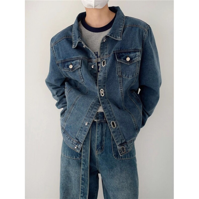 牛仔外套男秋季美式复古翻领上衣，男装工装外套，星座410-7
