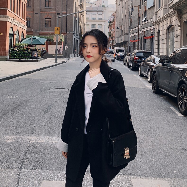 黑色西装毛呢外套女秋冬2022新款宽松休闲小个子加厚短款呢子大衣,女装毛呢外套,浙宝088