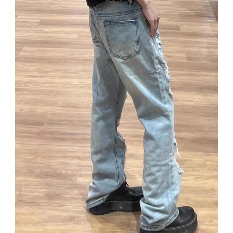 美式水洗裤子高街复古破洞牛仔裤男夏季直筒宽松高级感乞丐裤,男装牛仔裤,星座410-7