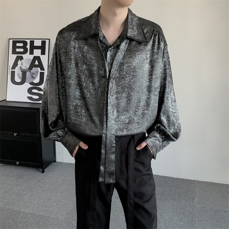 小众高级感明星同款宽松贵气闪银衬衫男大码秋季休闲领带搭配衬衣,男装衬衫,星座909