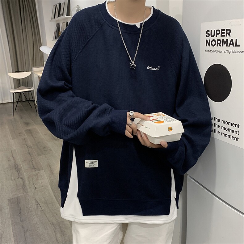 港风秋款男圆领套头卫衣假两件字母刺绣华夫格夹克外套WY021P45,男装卫衣,星座1013-1
