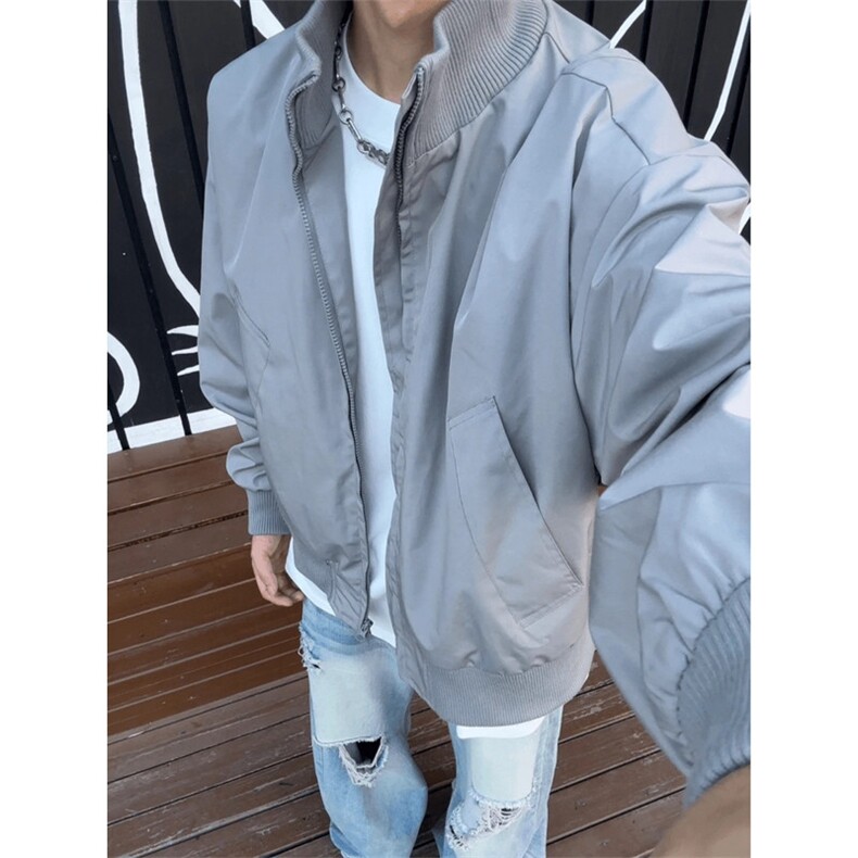 美式立领飞行员夹克外套男款秋季cleanfit潮牌ootd穿搭黑色棒球服图片