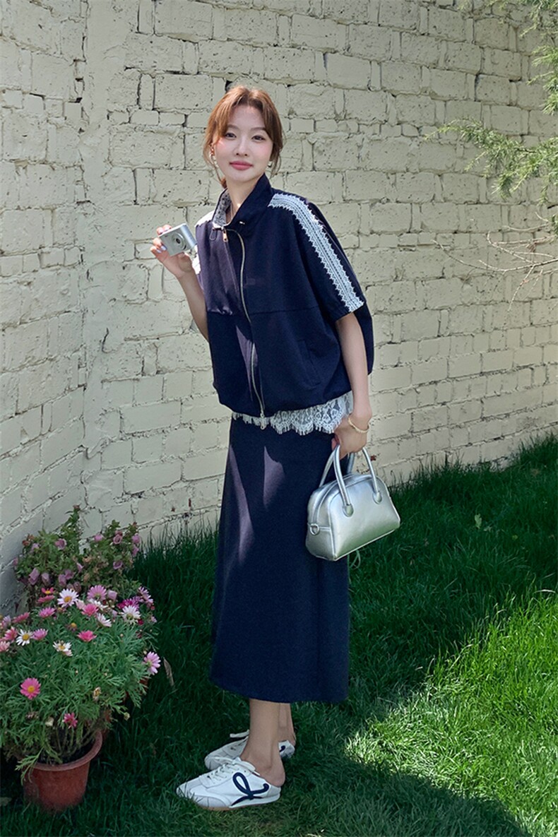 休闲运动蕾丝薄款短袖卫衣半身裙女夏2025新款甜美显瘦,女装连衣裙,2C029