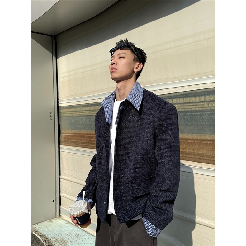 LINYILUCK/小众设计假两件拼接翻领小香风外套男痞帅休闲短款夹克,男装夹克,星座715-4