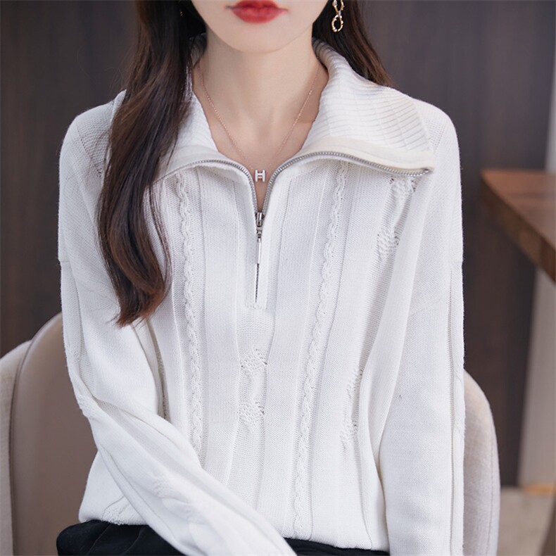 重磅加厚纯棉线针织拉链半开领毛衣女2025秋冬保暖翻领长袖打底衫图片
