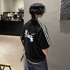 抖音得物高品质二开240克宽松纯棉美式潮牌三条杠织带短袖T恤，男装T恤，电商A486-1