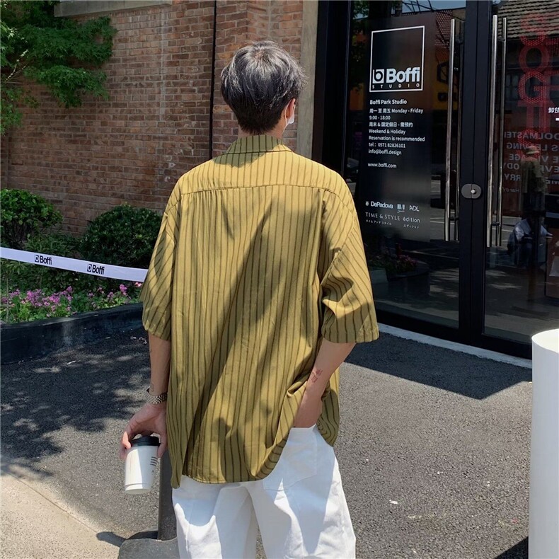 W432-P25日系复古条纹衬衫五分袖夏季休闲宽松时尚翻领衬衣,男装T恤,星座911-1