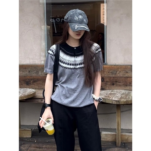 夏季新款民族风彩绘印花休闲短袖潮牌设计感个性百搭圆领T恤图片