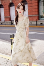现货2024年夏季女清新气质新中式复古方领印花修身显瘦连衣裙，女装连衣裙，奋斗女王