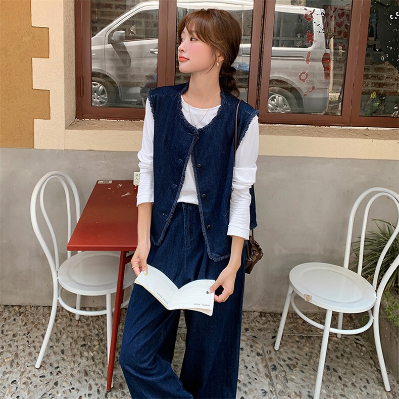 韩系蓝色小香风牛仔套装女2025春季新款时尚休闲马甲阔腿裤两件套,女装套装/套裙,浙宝305