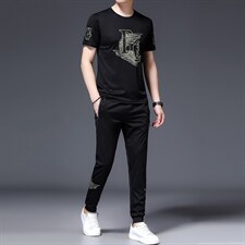 爸爸冰丝夏装套装2023新款中老年运动套装男士父亲短袖t恤休闲服，男装休闲套装，电商B212（原钱塘6029）