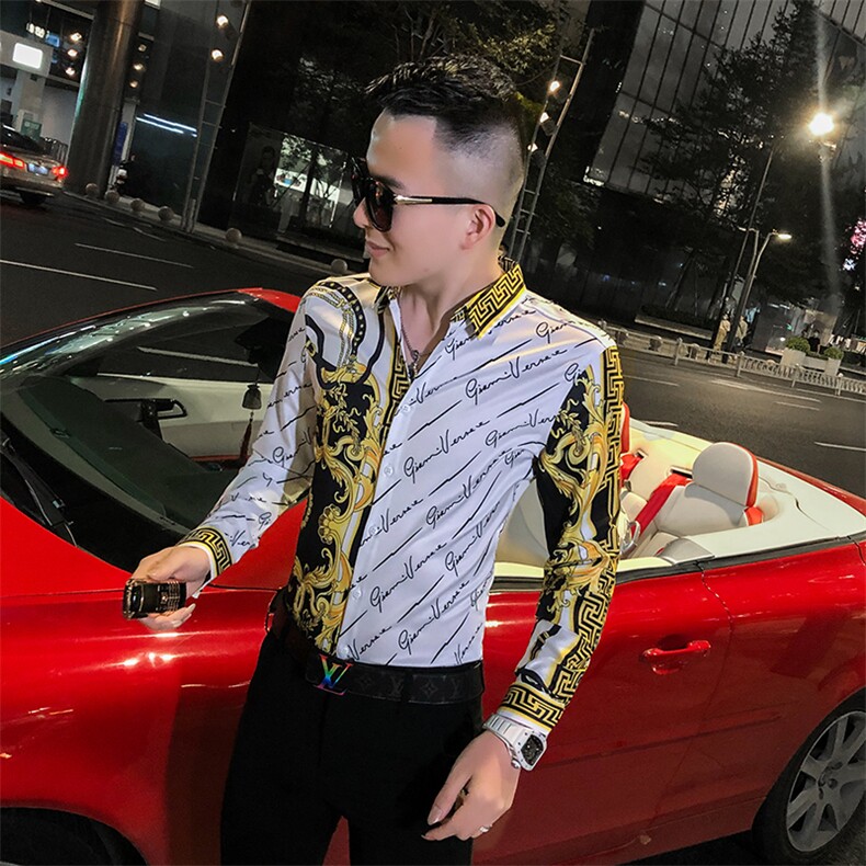 2021春秋衬衫社会男长袖上衣印花男装韩版修身四季潮流衬衣Q862-P55图片
