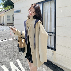 盐甜系格纹拼接连帽风衣外套女2025秋季新款学院风宽松小个子大衣图片