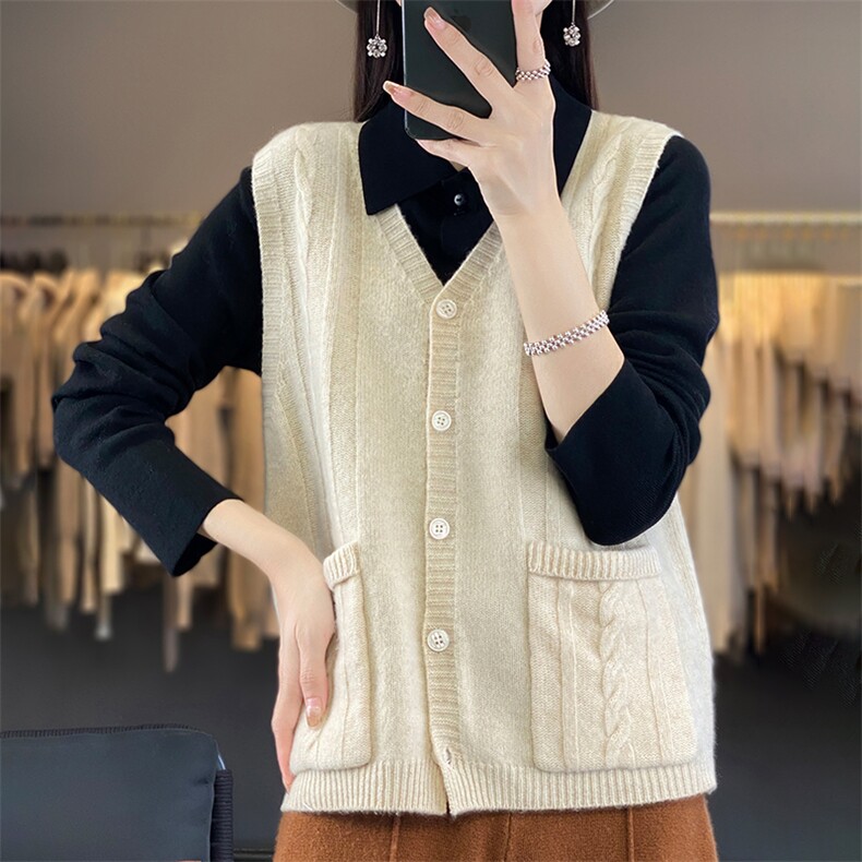 纯羊毛针织开衫无袖马甲女复古休闲百搭叠穿保暖外穿毛衣坎肩秋冬，女装马甲，暖烁羊绒