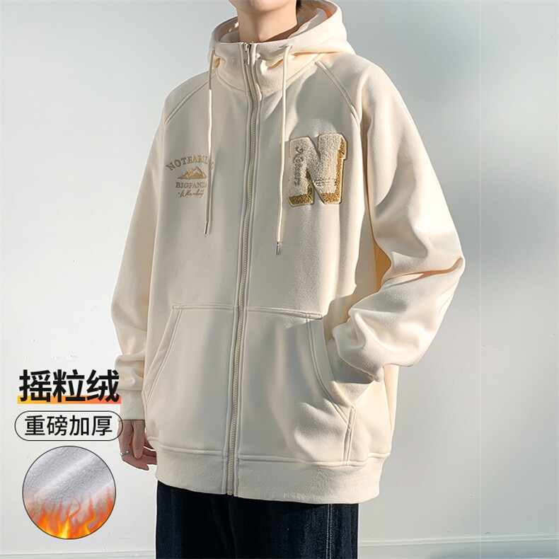 2023冬新款港风加绒加厚个性毛巾绣摇粒绒开衫连帽卫衣23138-P59,男装卫衣,星座914-3