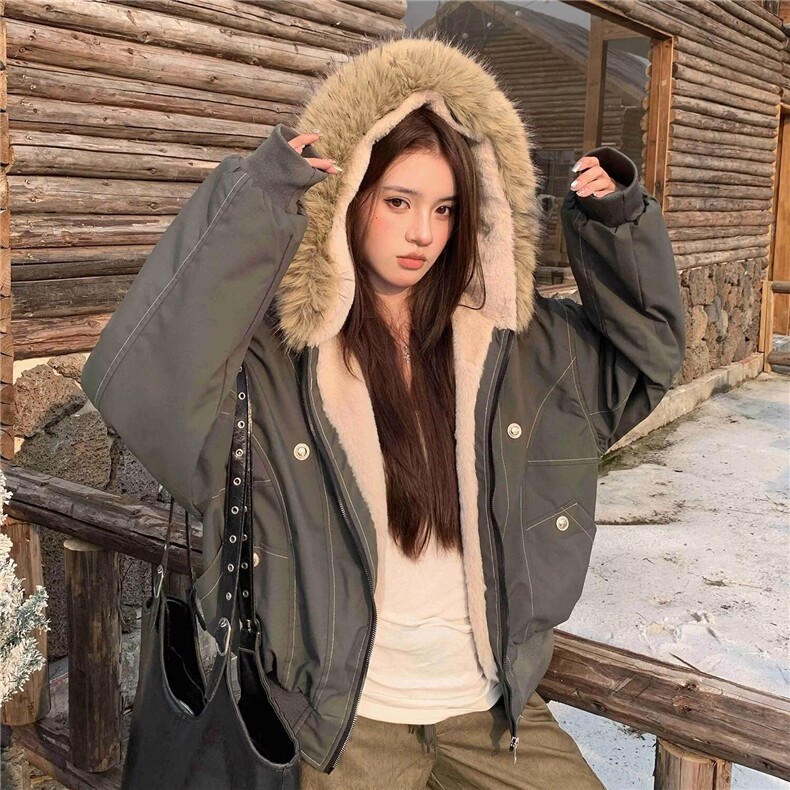 G8809-P100加绒加厚两面穿羊羔绒外套2025秋冬新款宽松连帽,女装短外套,电商B323A