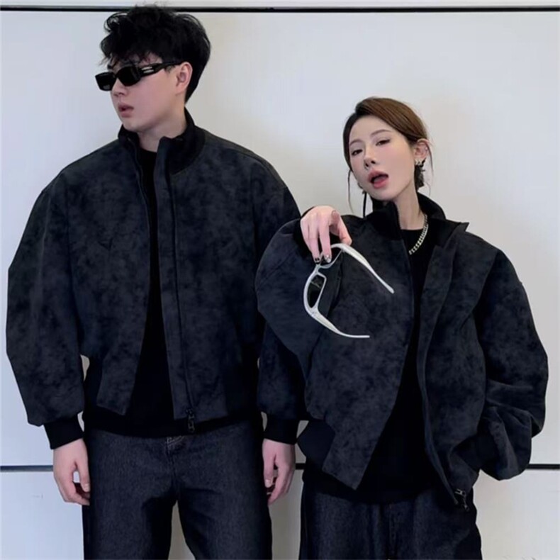 短款扎染脏脏美式复古立领PU皮夹克上衣男女同款外套JK918-特P65,男装夹克,星座1213