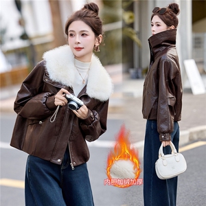 2025年冬季新款现货时尚潮流加绒保暖皮衣外套（毛领不可脱卸）,女装皮衣,臻衣坊