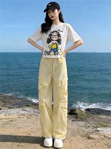 甜美时尚休闲套装女夏季新款圆领卡通印花T恤宽松工装长裤两件套图片