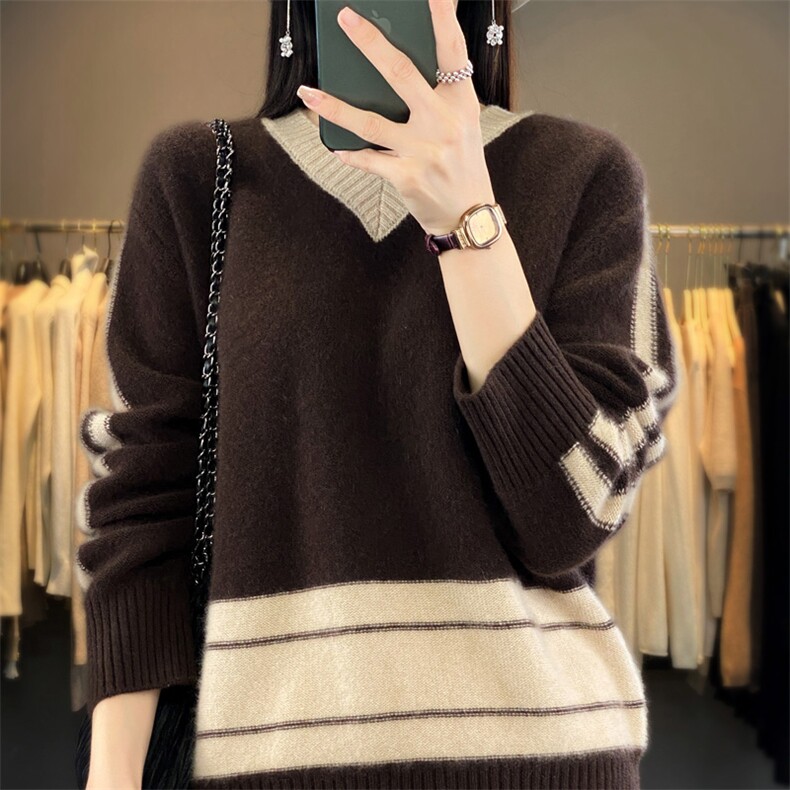 秋冬复古拼色100%纯羊毛衫女V领百搭套头针织毛衣宽松羊绒打底衫,女装羊毛衫,琳华羊绒