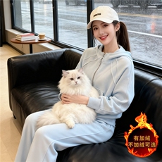 韩版开衫加绒卫衣套装女秋冬保暖新款连帽宽松上衣长裤时尚两件套，女装套装/套裙，江南