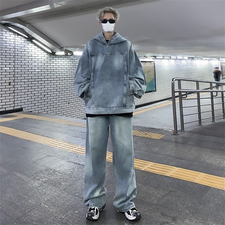 牛仔卫衣套装男秋季复古工装休闲夹克ins潮牌上衣TZ10-P110图片