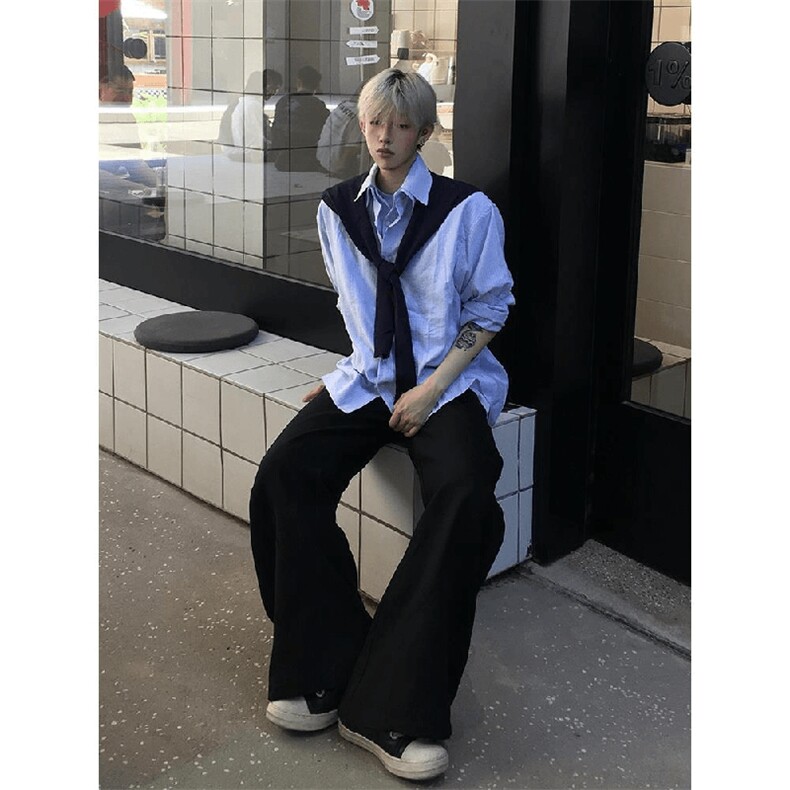 抖音得物品质二开春装美式潮牌披肩条纹长袖衬衫男女休闲宽松衬衣,男装衬衫,电商A486