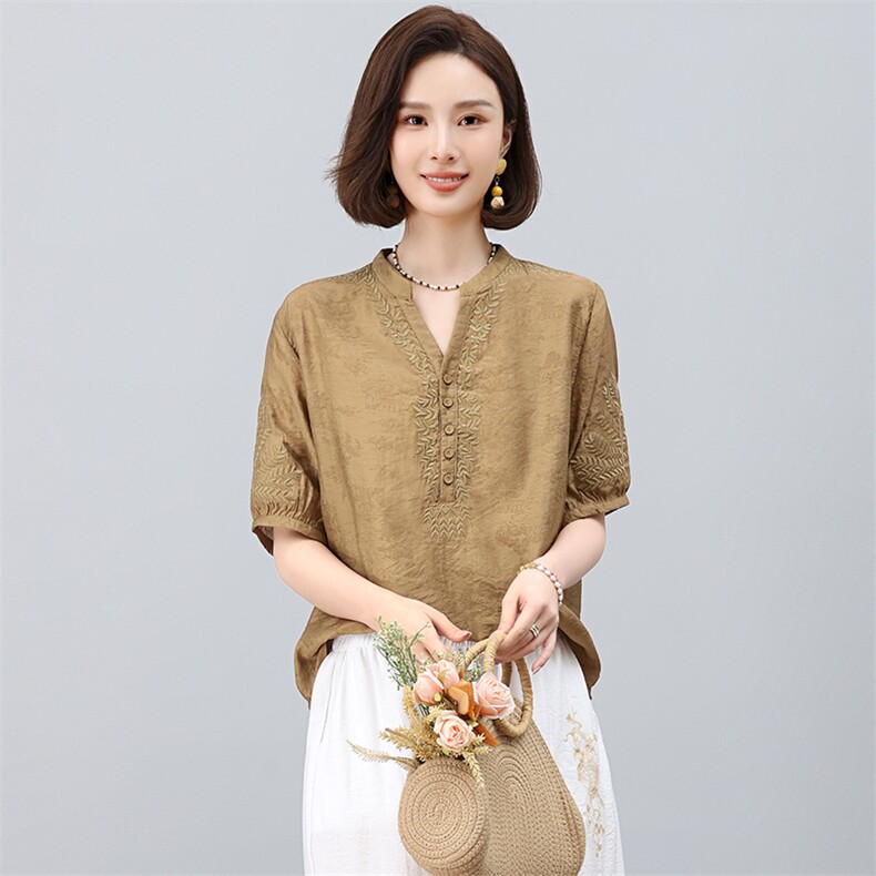 高端女2025夏装新中式天丝麻小衫文艺气质复古妈妈棉麻,女装衬衫,凝聚力