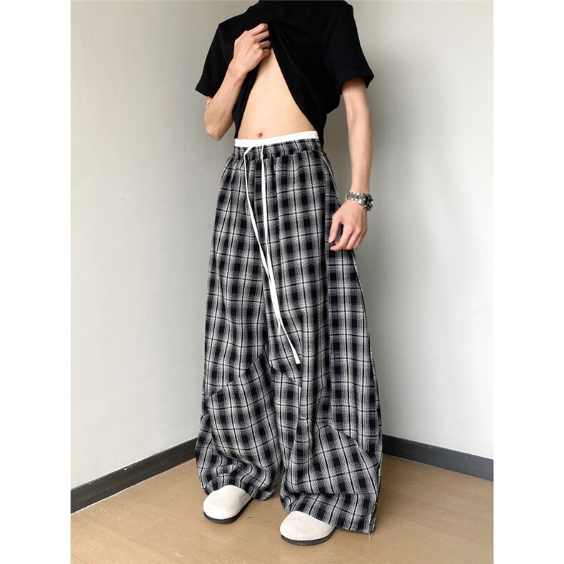 B1M4美式复古双腰头抽绳拼接格子裤男女中性风宽松阔腿舞蹈休闲裤,女装休闲裤,星座1210-1