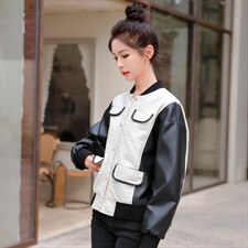 PU皮拼接假两件菱格棒球服女2022秋季新款时尚百搭纯色立领短外套，女装短外套，辉之琳
