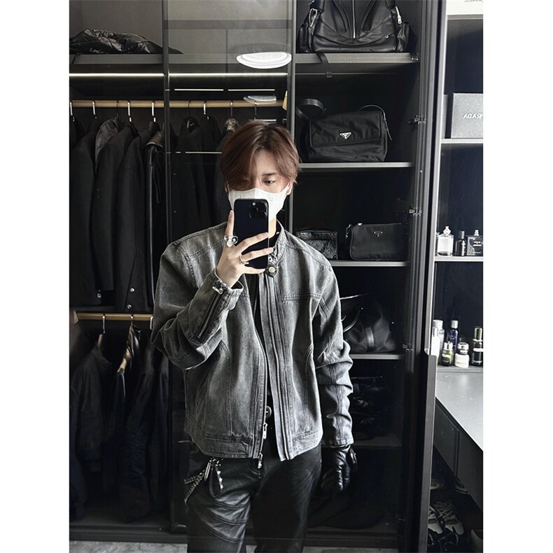 正肩牛仔外套男款春秋季潮牌复古小众无领机车夹克JK2209,男装夹克,星座1116A（原606A-3）