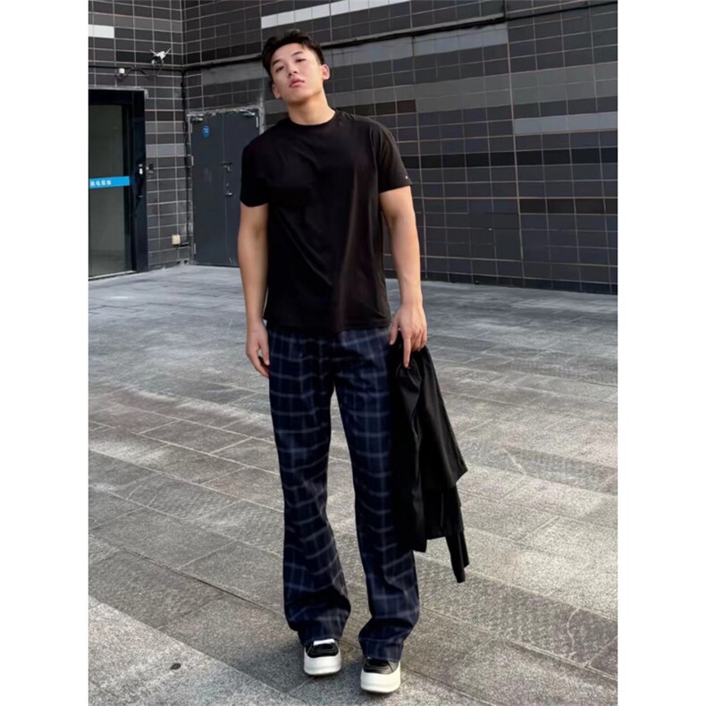 黑蓝色格子裤男女显腿长休闲运动裤美式高街直筒微喇裤,女装休闲裤,四季星座505