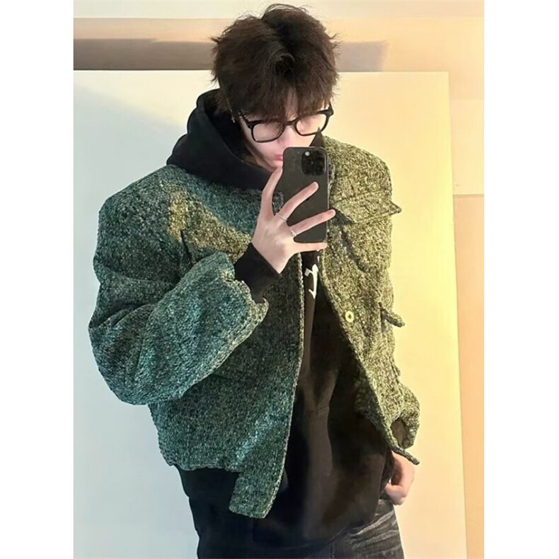 小香风短款毛呢外套男秋款高级感短宽松粗花呢工装夹克J9358,男装夹克,星座1116A（原606A-3）