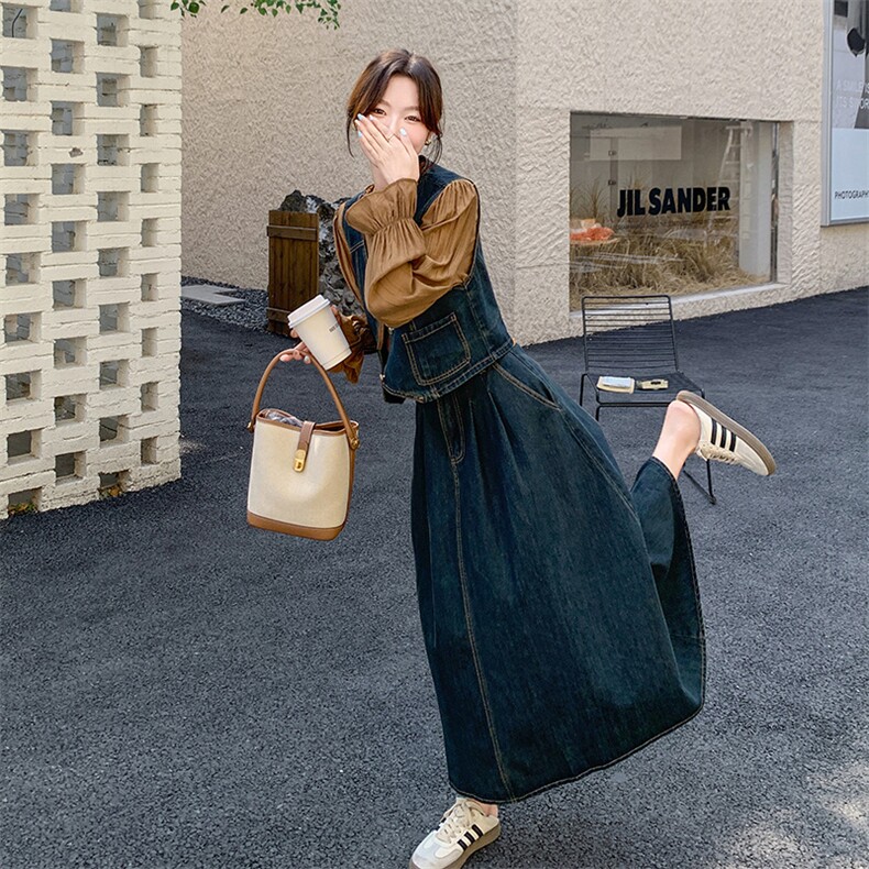 复古衬衫牛仔马甲三件套春秋女2026春新宽松设计感半身裙时尚套装,女装套装/套裙,印象茜