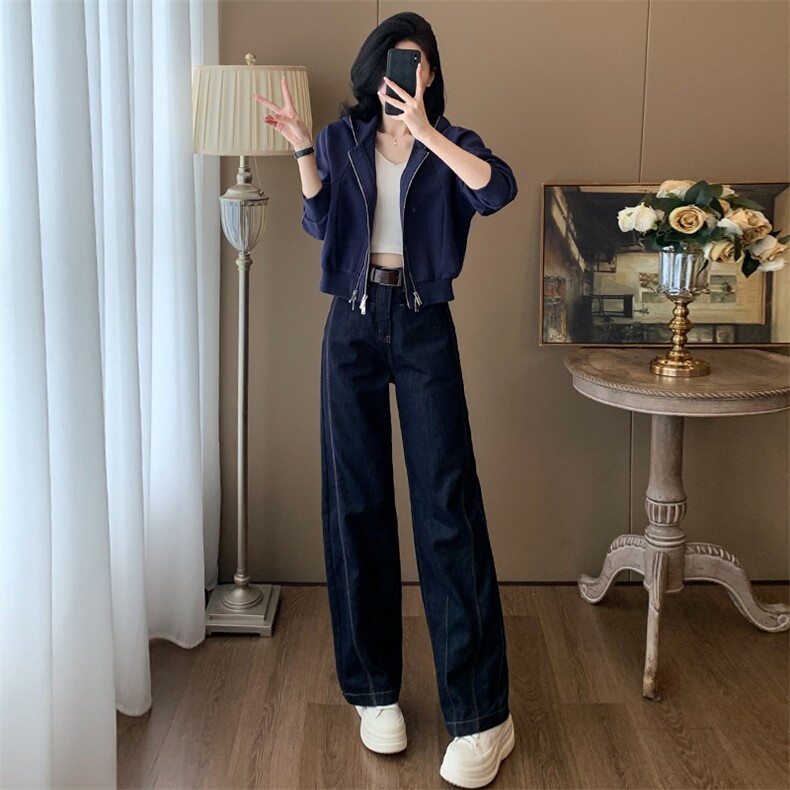 时尚女秋冬季加绒连帽卫衣牛仔长裤套装 显瘦高腰直筒裤 休闲百搭两件套图片