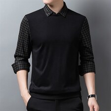 2023春秋季新款中年人假两件休闲套装商务长袖翻领卫衣男上衣服，男装卫衣，电商B212（原钱塘6029）