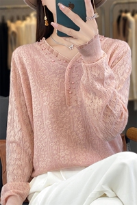 时尚V领蕾丝针织打底衫女新款优雅气质内搭提花长袖小衫百搭上衣图片
