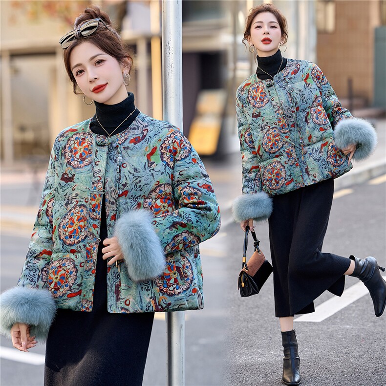新中式提花真狐狸毛短款羽绒服女2025年冬季时尚洋气外套90白鸭绒图片