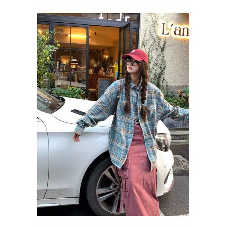 美式复古蓝色格子衬衫女宽松慵懒风春秋小众潮牌休闲百搭外套潮,男装衬衫,星座410-7