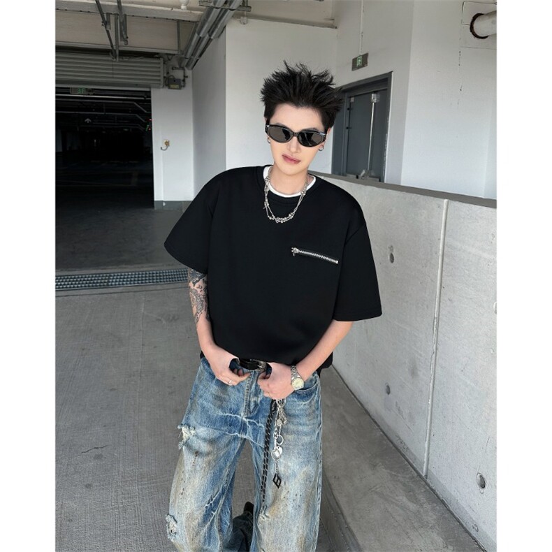 美式cleanfit重磅拉链短袖男款夏季设计感t恤痞帅小领口正肩半袖,男装T恤,星座506