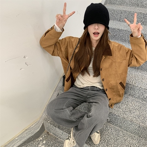 复古拼色翻领麂皮绒外套女2025秋季新款美式宽松百搭小个子夹克潮图片