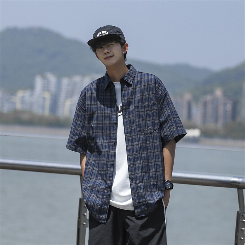 2024夏季高级感休闲衬衣男日系复古格子短袖衬衫现货W8219-P38,男装衬衫,星座512-4