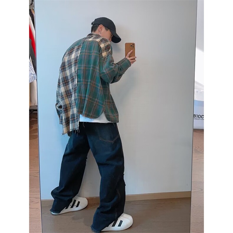 青少年小众格子衬衫男士春秋2025新款宽松休闲男生长袖衬衣外套,男装衬衫,星座1210-1
