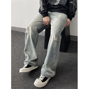 水洗高级做旧破洞设计牛仔裤男百搭宽松直筒裤子 NWY30图片