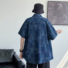 夏季棋盘格大码宽松牛仔衬衫复古短袖衬衣外套CS011-P50，男装衬衫，电商A042