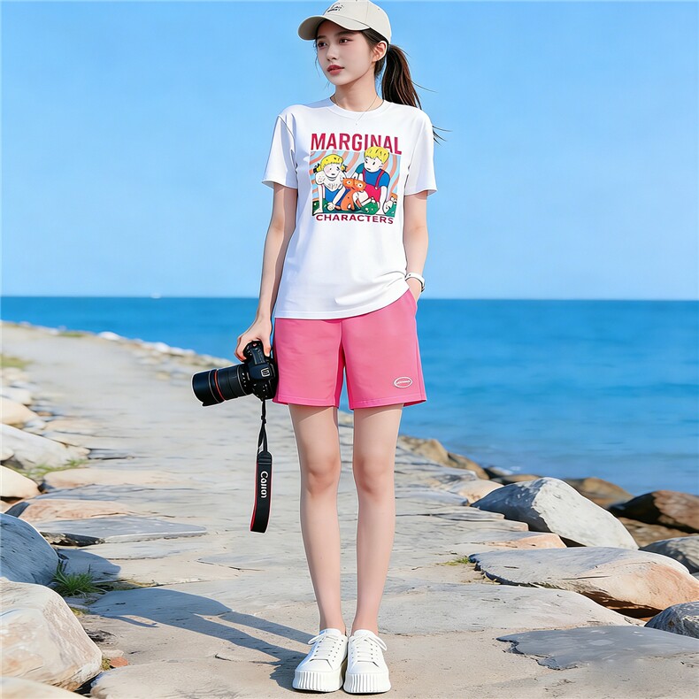 韩系炸街休闲运动套装女夏新款圆领短袖卡通上衣宽松短裤两件套潮，女装套装/套裙，江南