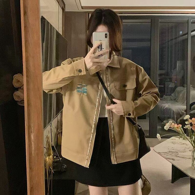 美式复古拼色翻领工装夹克男女秋冬季情侣装休闲宽松棒球服外套潮图片