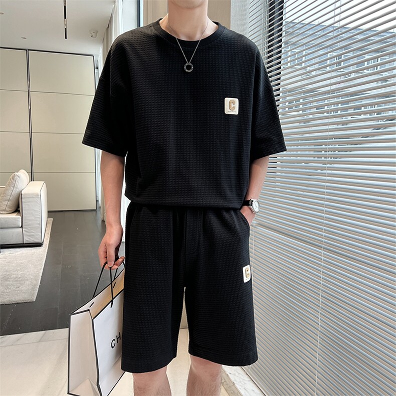 2025夏季轻熟风潮流休闲百搭宽松短袖华夫格套装两件套TZ302-P88,男装T恤,电商A413