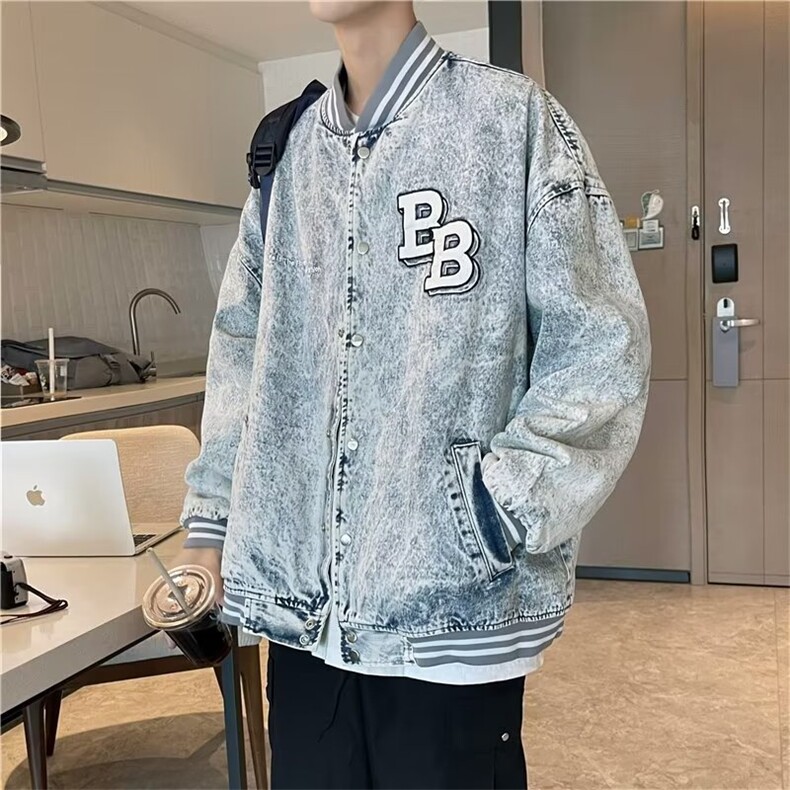 美式复古牛仔外套男秋季潮牌刺绣印花宽松潮流高街棒球服教练夹克图片